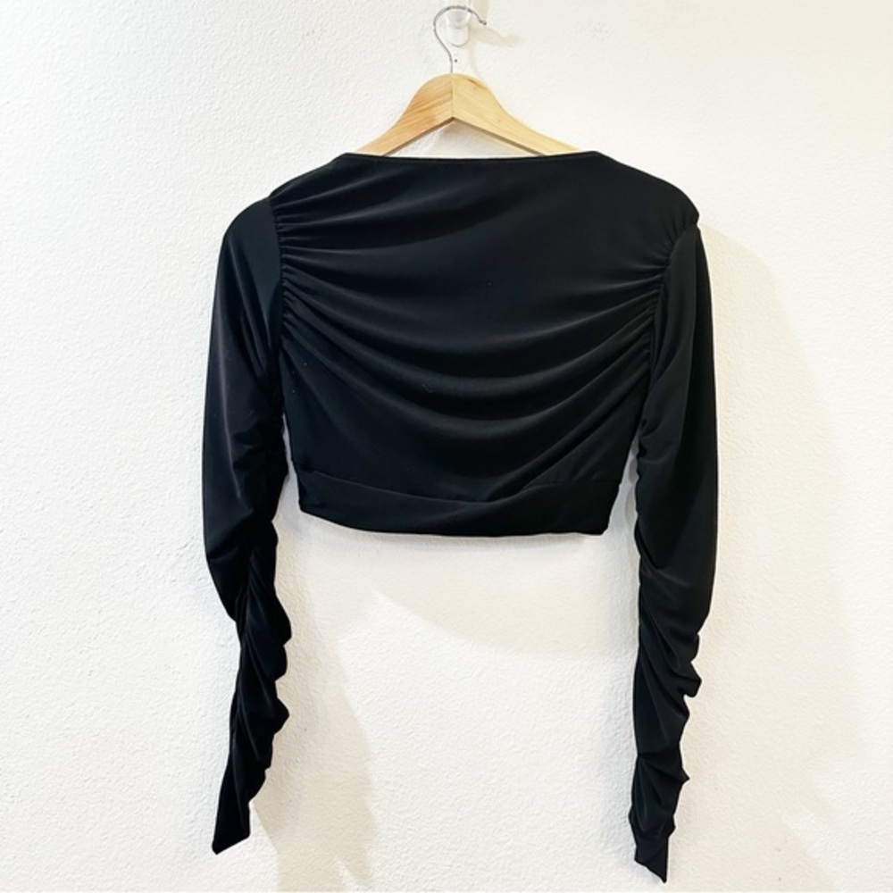 Norma Kamali Gathered Jersey Crop Top Black Ruched Long Sleeves Size XS‎ - Picture 4 of 8